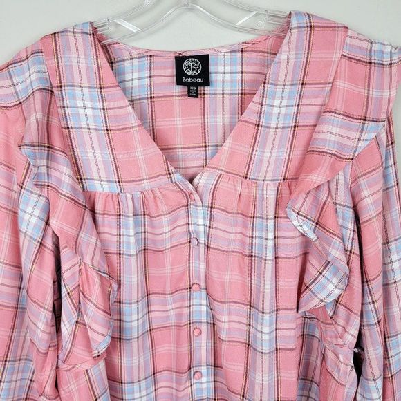 Bobeau Pink Blue Ruffle Button Down Long Sleeves Plaid Babydoll Shirt Size XS - Picture 3 of 12